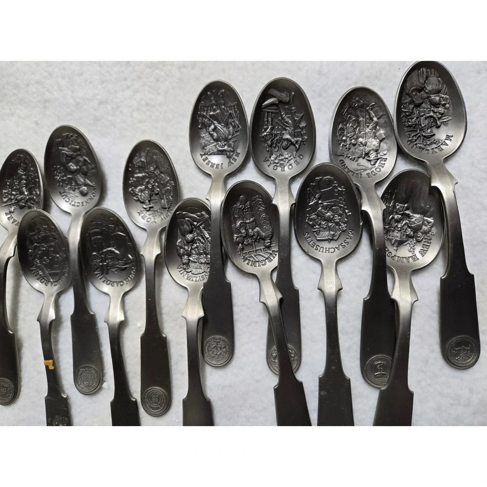 Vintage 1976 Franklin Mint 13 Colonies Pewter Souvenir Spoon Set Bicentennial